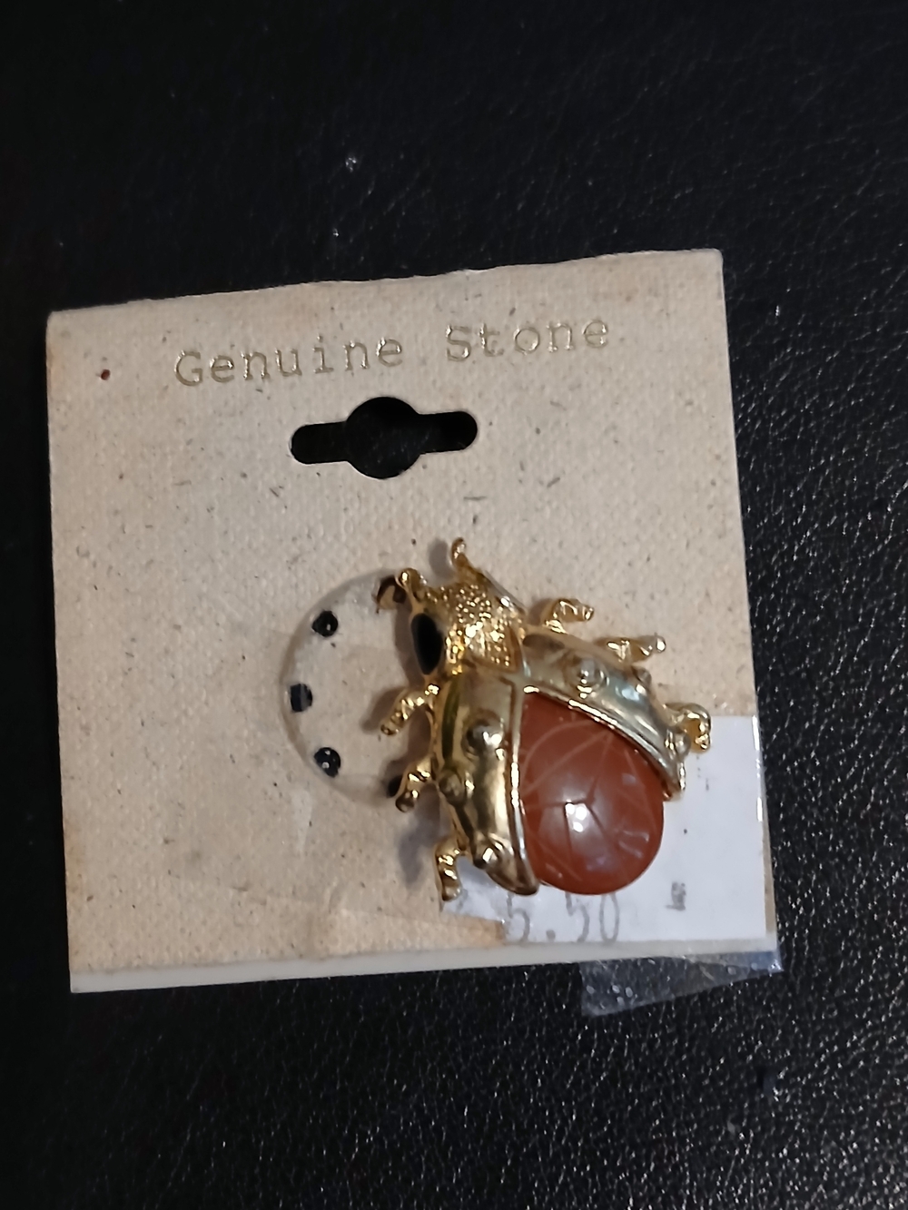 Source Unknown Gold-tone Beetle Brooch with Carved Brown Stone